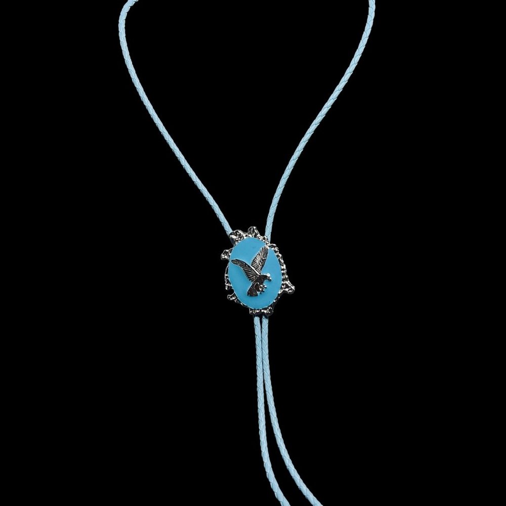 Western Aqua Blue & Silver Tone Eagle Bolo Tie Necklace (4736, 1-2)